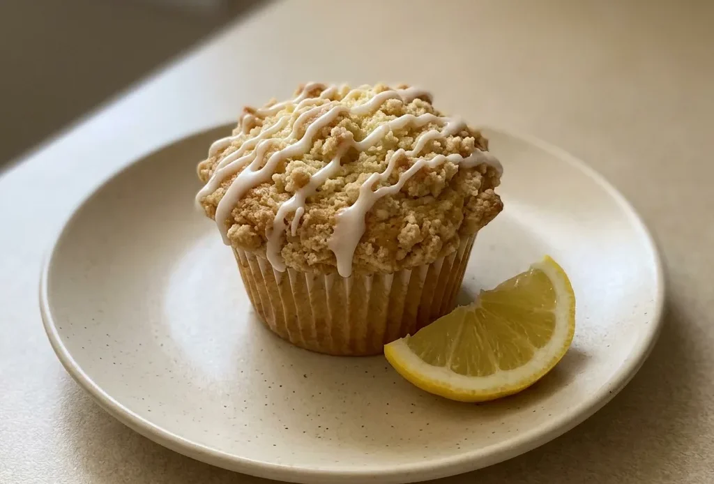 Bird's-eye view of a lemon curd muffin with streusel topping and white glaze, lemon zest visible on the glaze.