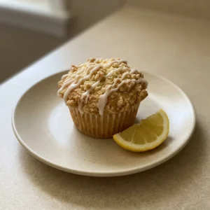 Bird's-eye view of a lemon curd muffin with streusel topping and white glaze, lemon zest visible on the glaze.