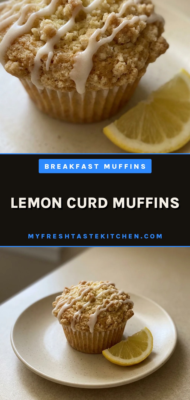 Bird's-eye view of a lemon curd muffin with streusel topping and white glaze, lemon zest visible on the glaze.
