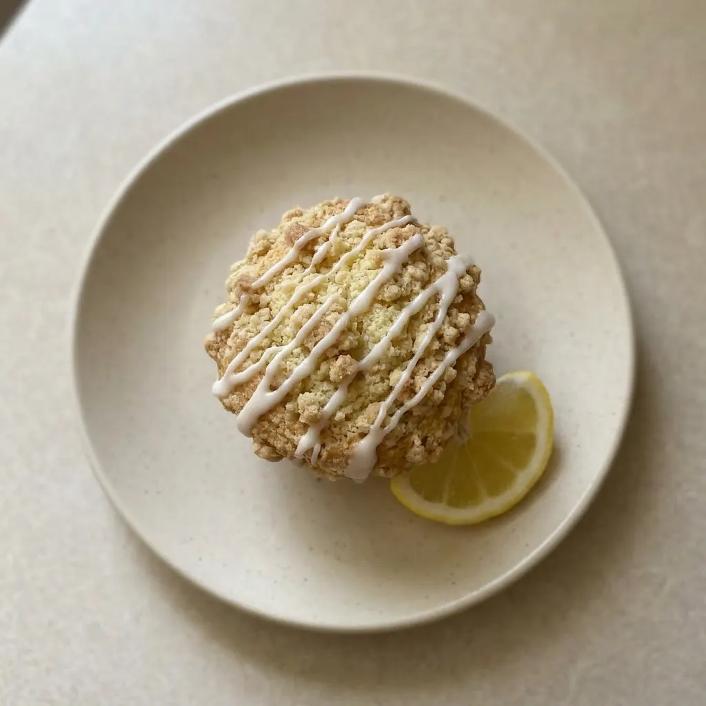 Ready to serve: a lemon curd muffin with golden streusel, glossy white glaze, and lemon zest flecks.