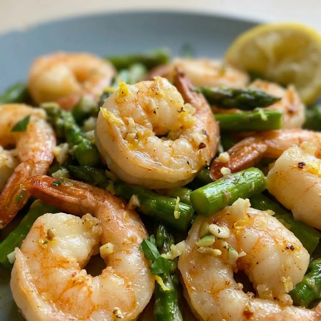 Macro detail of a shrimp tail, charred asparagus tip, and garlic with lemon juice droplets.