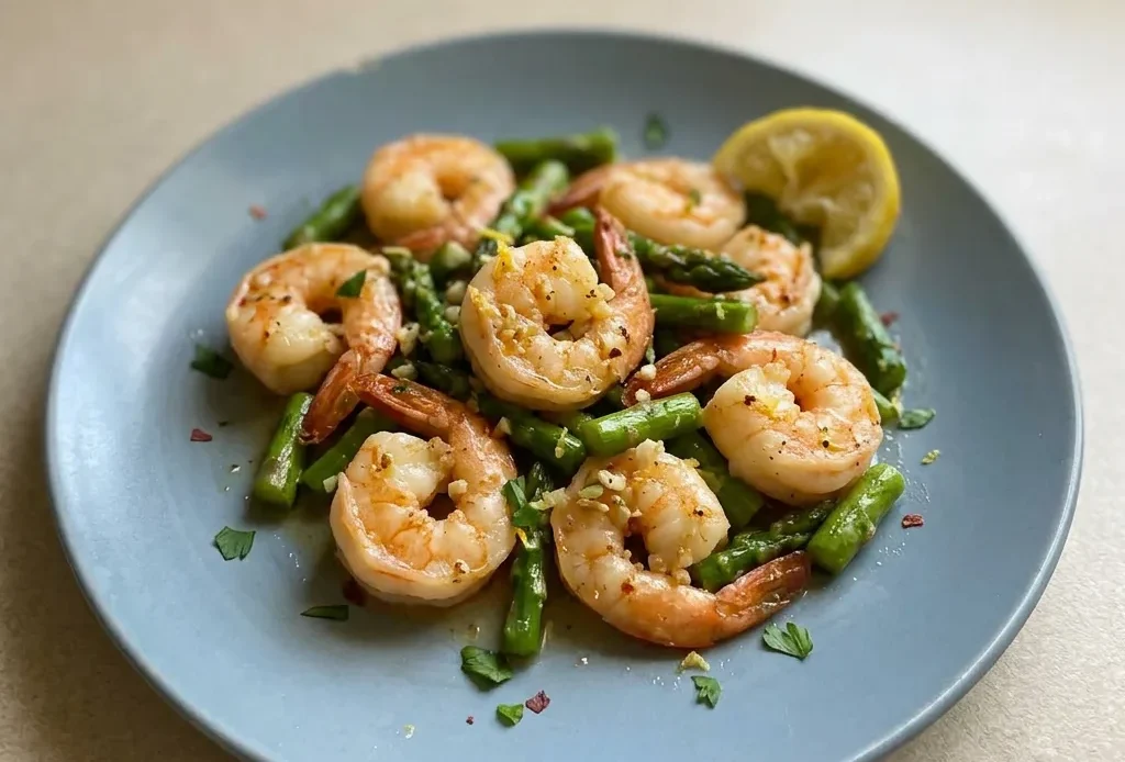 Top-down look at grilled shrimp and asparagus spears with garlic slices and lemon wedges.
