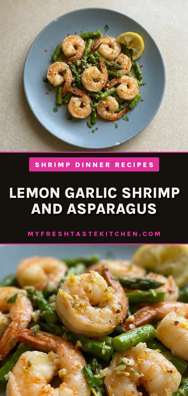Top-down look at grilled shrimp and asparagus spears with garlic slices and lemon wedges.