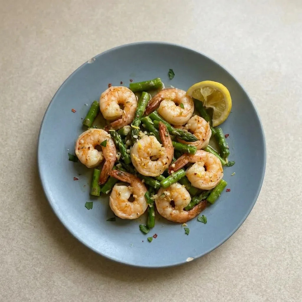A serving of shrimp and asparagus with minced garlic and lemon zest on top.