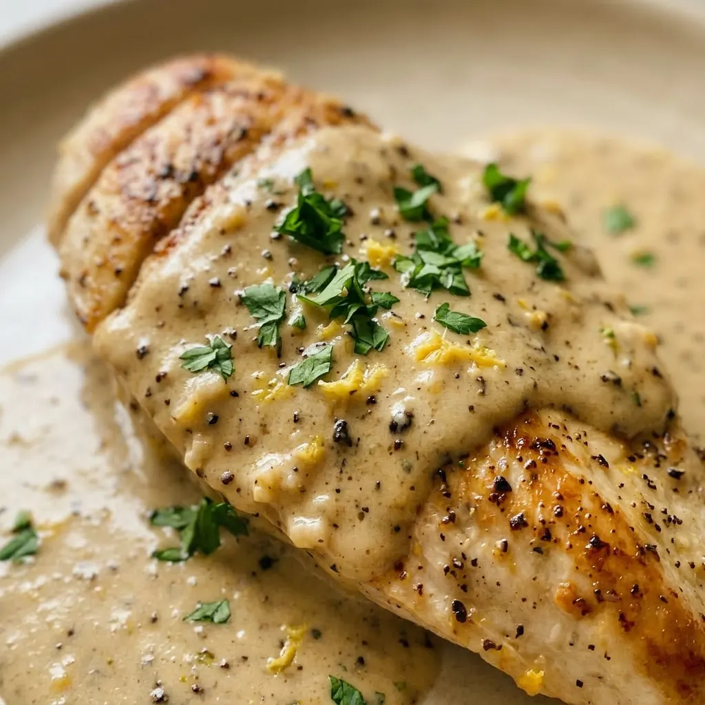Macro detail of a chicken piece coated in lemon pepper seasoning, with creamy sauce and garlic cloves.