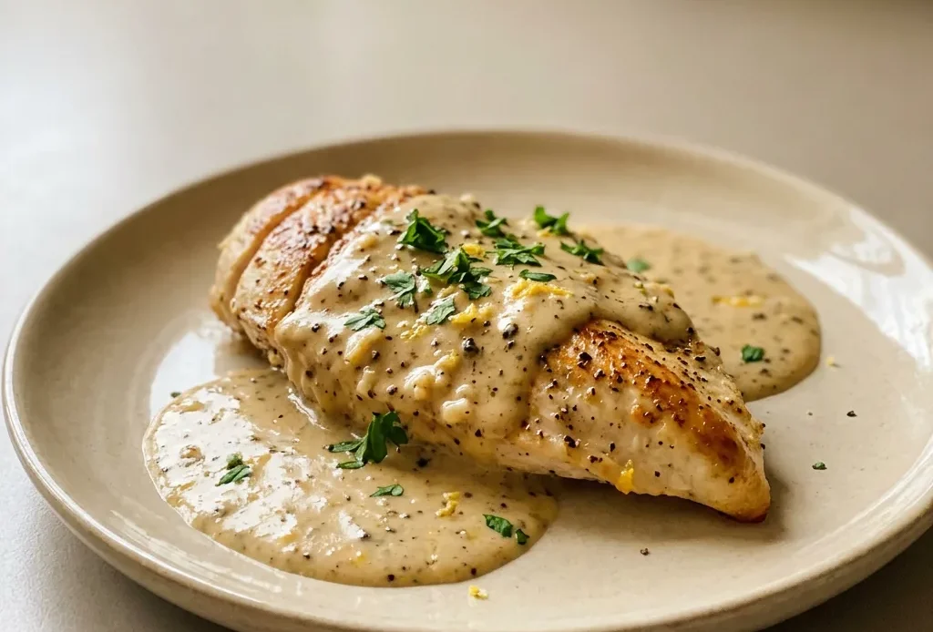 Top-down look at lemon pepper chicken breasts in a creamy sauce, with visible garlic pieces and butter pools.