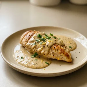 Top-down look at lemon pepper chicken breasts in a creamy sauce, with visible garlic pieces and butter pools.