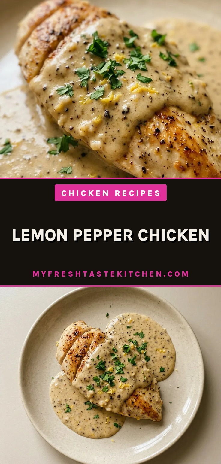 Top-down look at lemon pepper chicken breasts in a creamy sauce, with visible garlic pieces and butter pools.