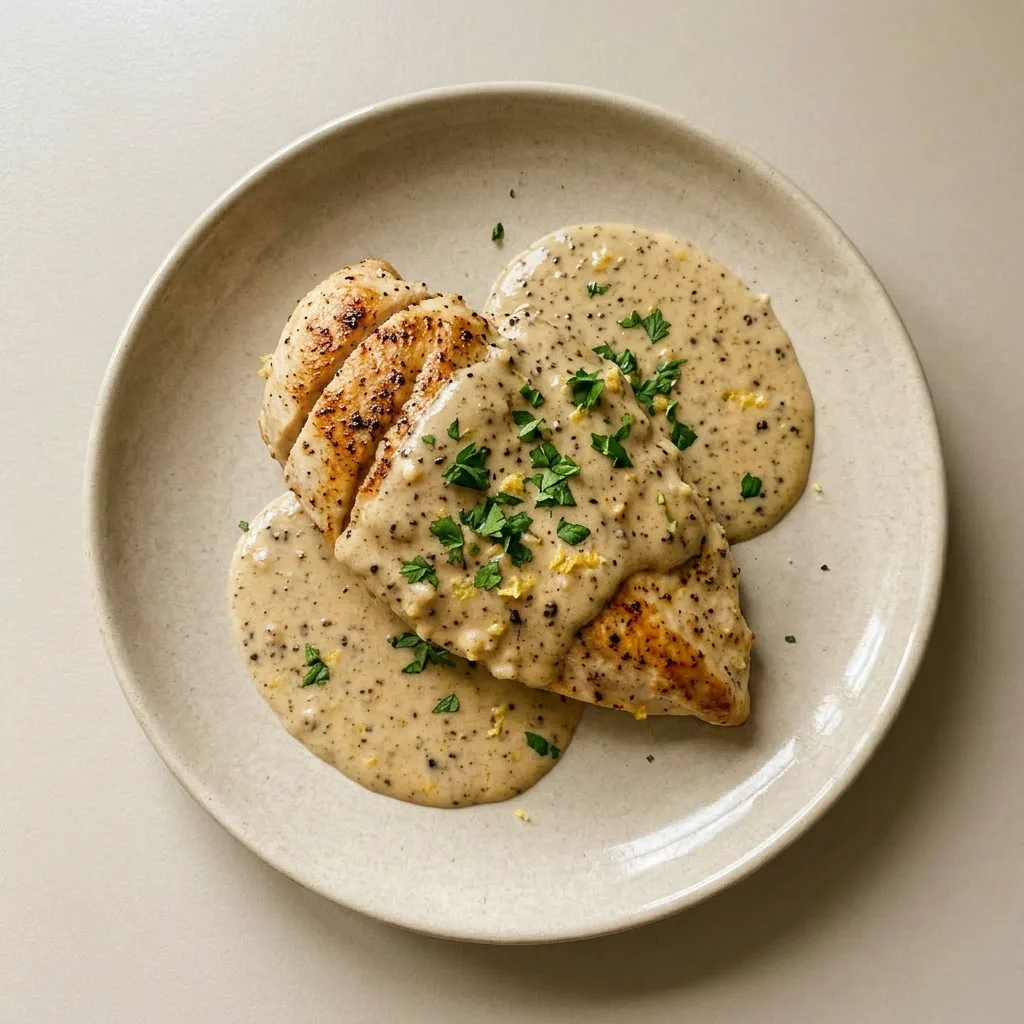 A serving of lemon pepper chicken with creamy sauce, topped with cracked black pepper and lemon zest.