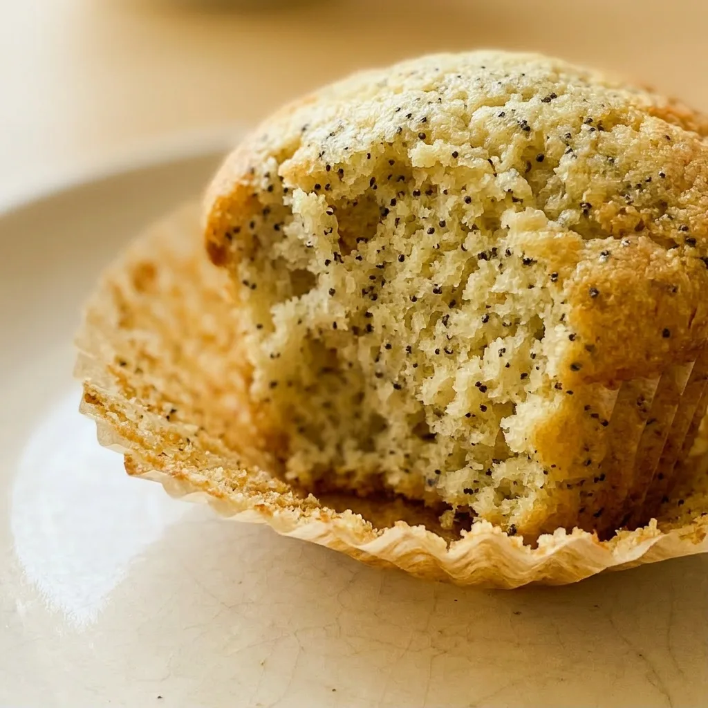Zoomed in on a lemon poppy seed muffin, showing a crackled glaze, lemon zest, and poppy seeds scattered on the golden-brown surface.