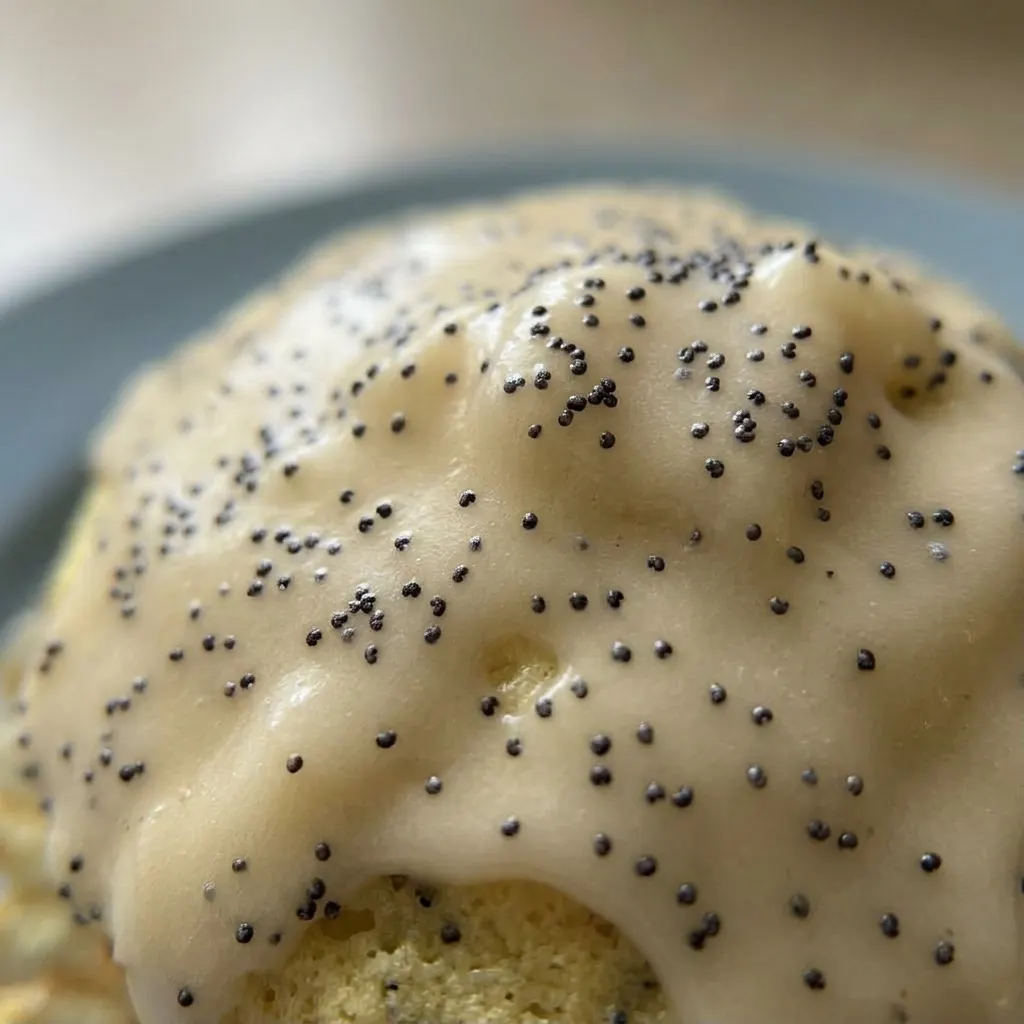 Close view of a lemon poppy seed muffin with a glossy crumb and a dusting of powdered sugar, poppy seeds speckled throughout.