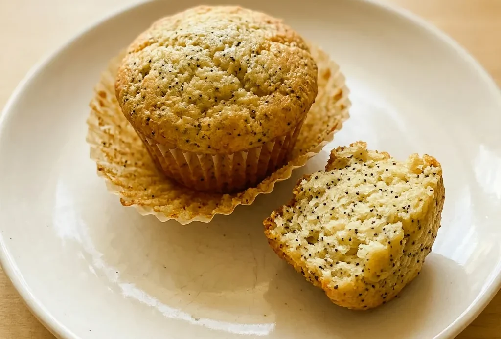 Bird's-eye view of a lemon poppy seed muffin with visible poppy seeds and a glossy, pale yellow glaze on top.