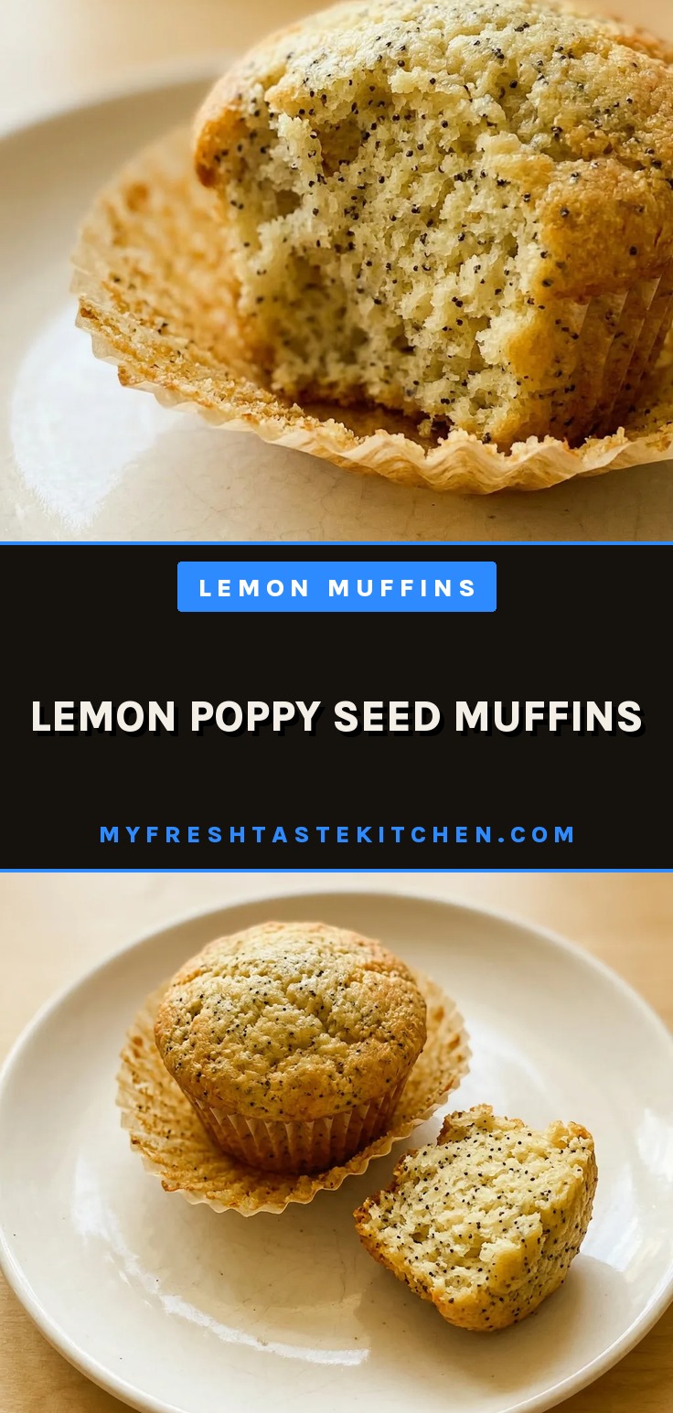 Bird's-eye view of a lemon poppy seed muffin with visible poppy seeds and a glossy, pale yellow glaze on top.