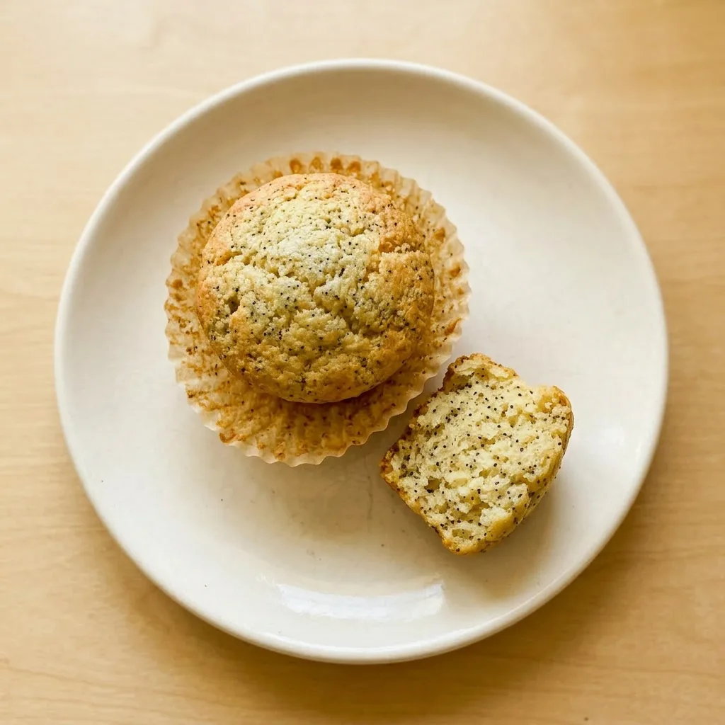 Ready to serve: a lemon poppy seed muffin with a thick, white glaze and a few poppy seeds visible on the rounded top.