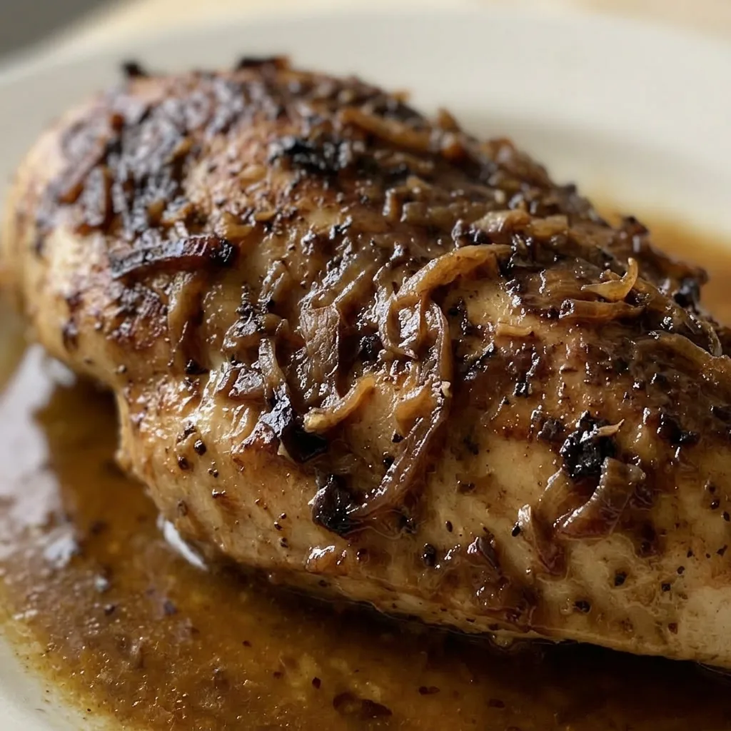 Up close, a chicken thigh with crispy skin and a glossy sauce, sprinkled with dried onion bits.