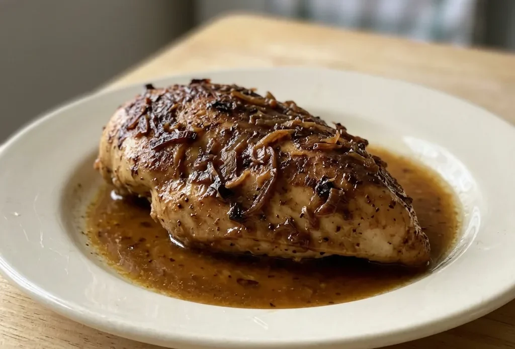 Looking down at a rectangular dish of chicken pieces coated in a dark brown sauce with visible onion flakes.