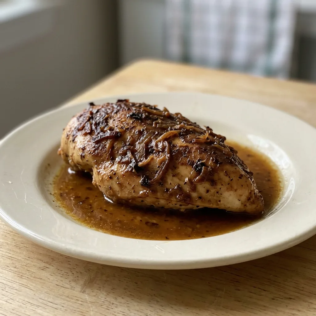 Looking down at a rectangular dish of chicken pieces coated in a dark brown sauce with visible onion flakes.