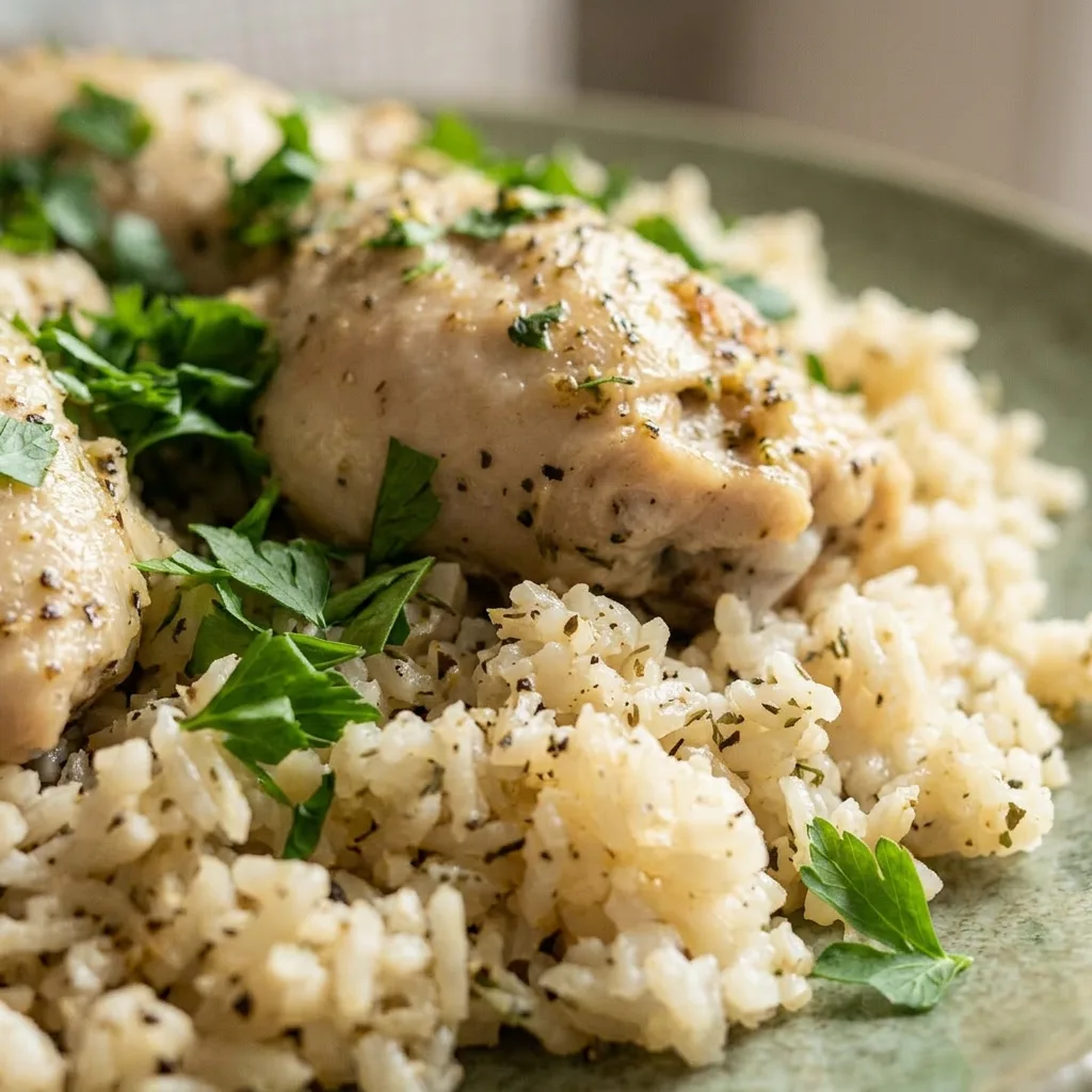 Up close, a browned chicken thigh rests on a bed of rice, drizzled with lemon juice and sprinkled with Italian seasoning.