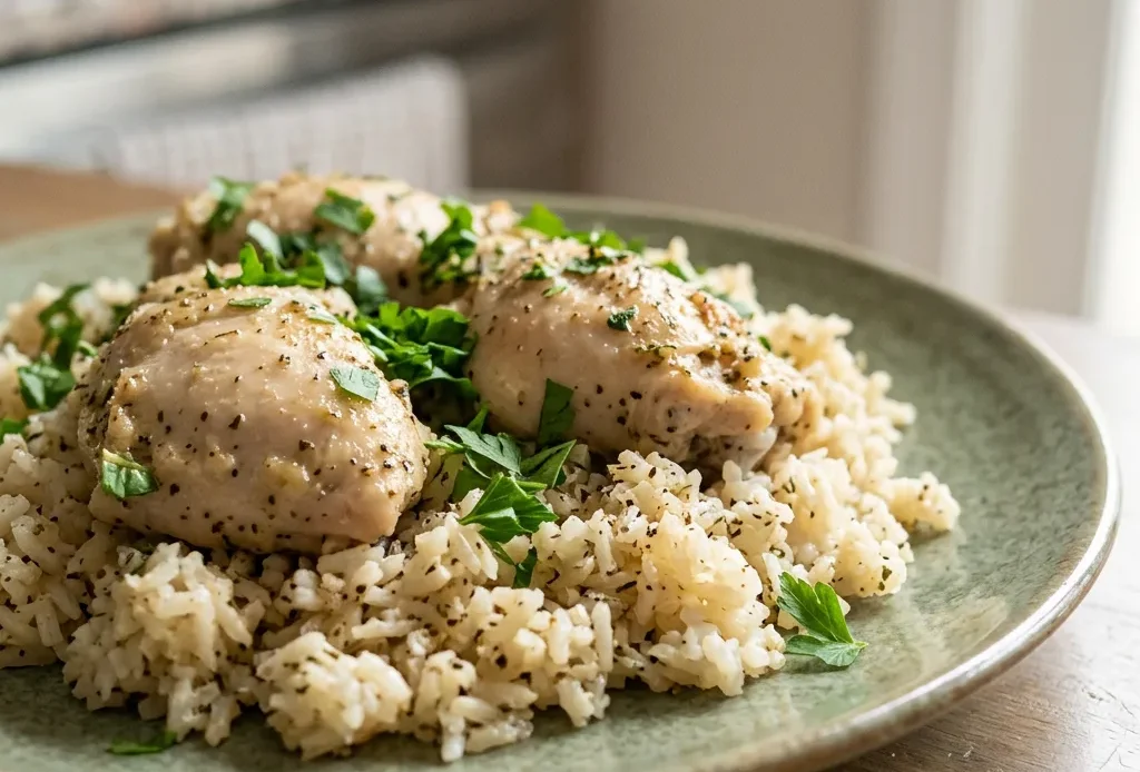 Looking down at a plate of lemon chicken thighs and rice, garnished with lemon slices and parsley.