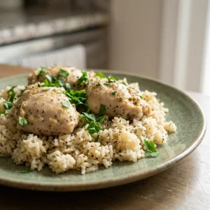 Looking down at a plate of lemon chicken thighs and rice, garnished with lemon slices and parsley.