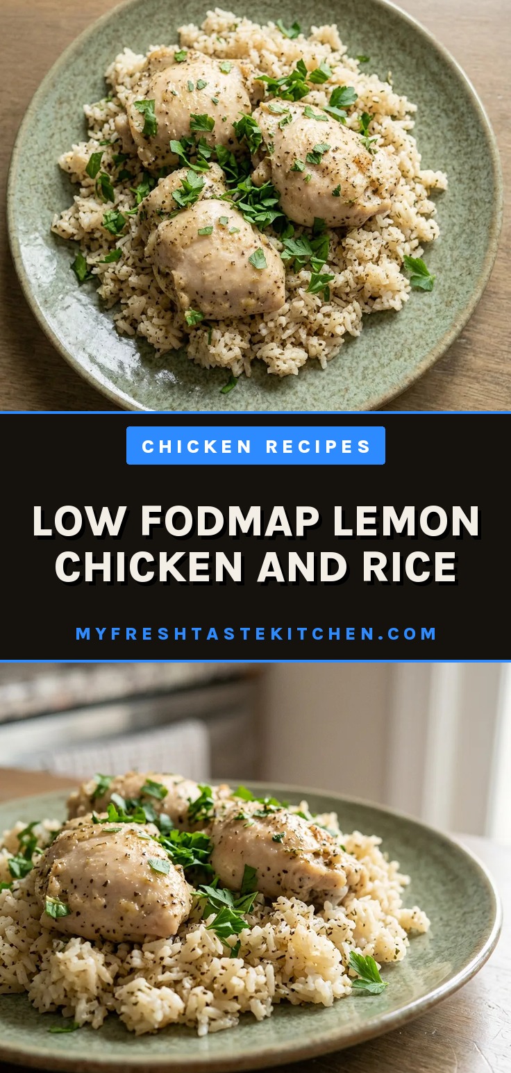 Looking down at a plate of lemon chicken thighs and rice, garnished with lemon slices and parsley.