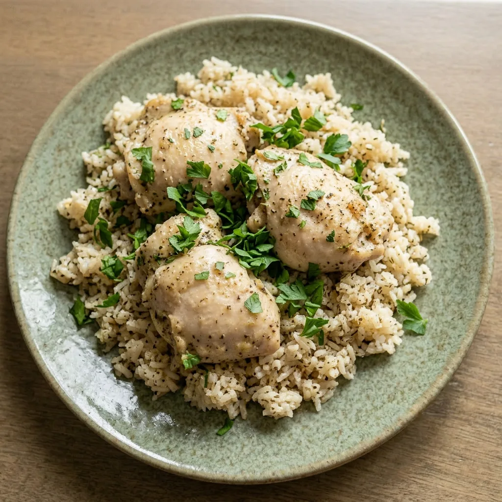 A plate of lemon chicken and rice, with chicken thighs on top of fluffy rice, garnished with lemon wedges and fresh parsley.