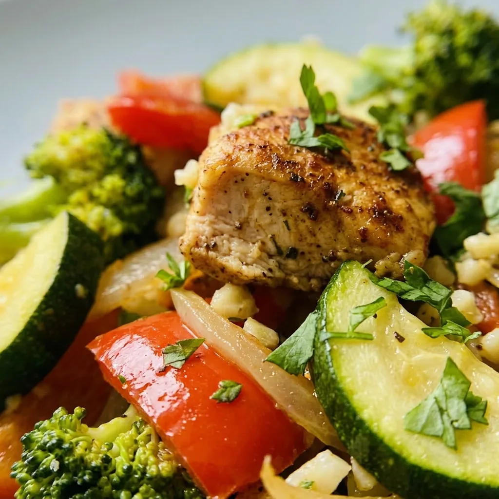 Macro detail of chicken and vegetable skillet showing zucchini, red bell pepper, broccoli, onion, and garlic, with visible smoked paprika and Italian seasoning.