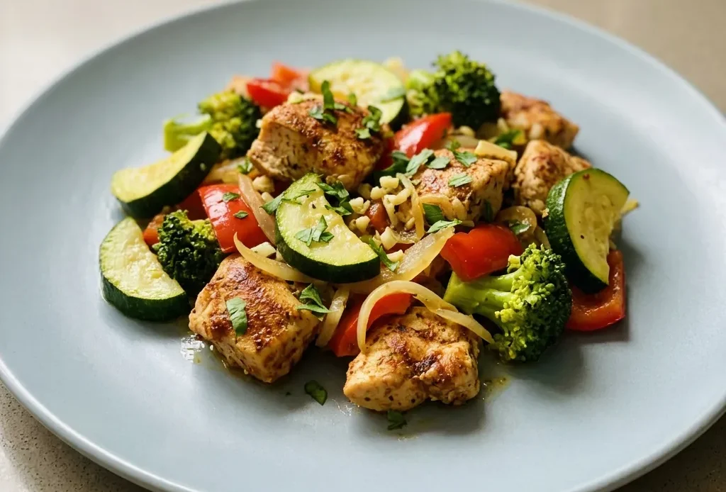Top-down look at chicken and vegetable skillet with zucchini, red bell pepper, broccoli, onion, and garlic, seasoned with smoked paprika and Italian seasoning.