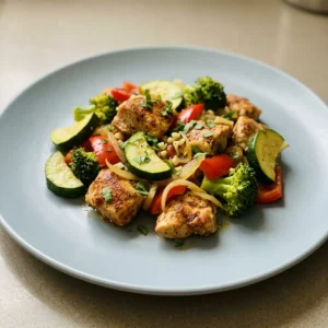 Top-down look at chicken and vegetable skillet with zucchini, red bell pepper, broccoli, onion, and garlic, seasoned with smoked paprika and Italian seasoning.
