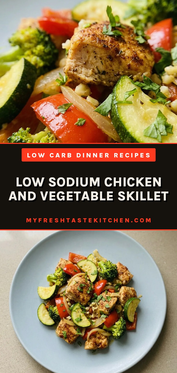 Top-down look at chicken and vegetable skillet with zucchini, red bell pepper, broccoli, onion, and garlic, seasoned with smoked paprika and Italian seasoning.