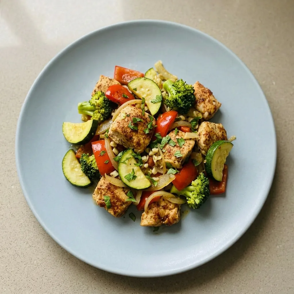 A serving of chicken and vegetable skillet with zucchini, red bell pepper, broccoli, onion, and garlic, seasoned with smoked paprika and Italian seasoning.