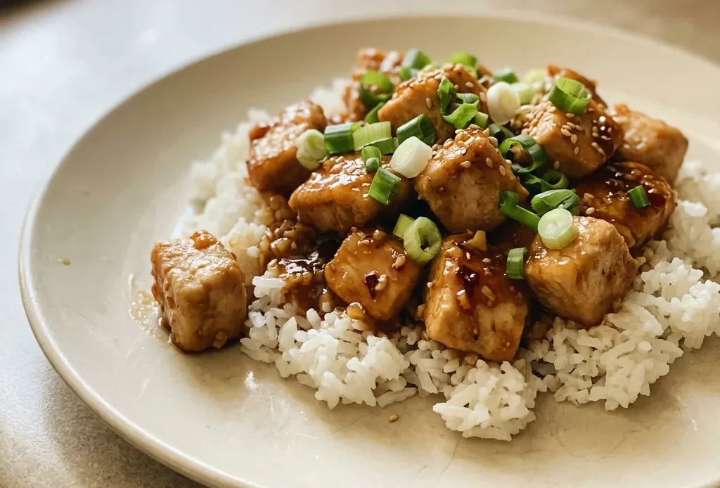 Top-down look at glazed chicken pieces with orange sauce, scattered garlic and ginger bits.