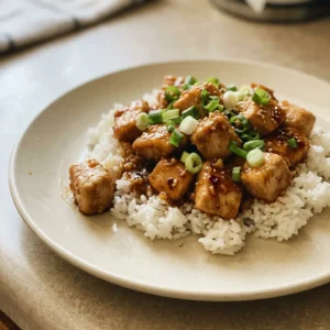 Top-down look at glazed chicken pieces with orange sauce, scattered garlic and ginger bits.