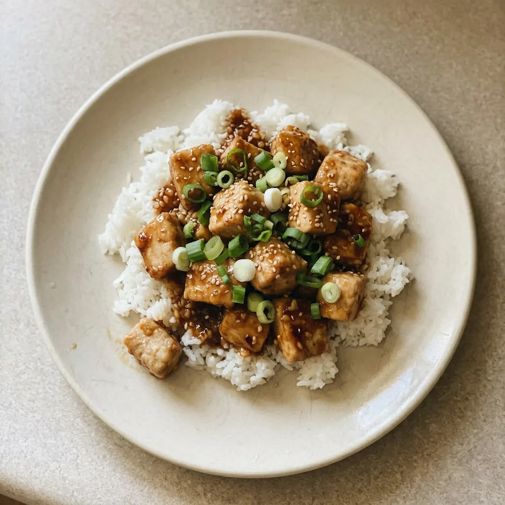 A serving of orange chicken with thick sauce, topped with orange zest and sliced green onions.