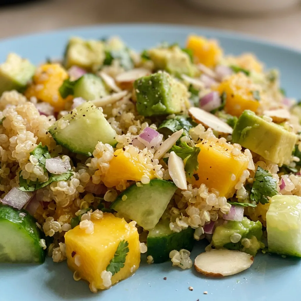 Up close, a fork lifts a bite of quinoa salad with mango, cucumber, avocado, and almond pieces.