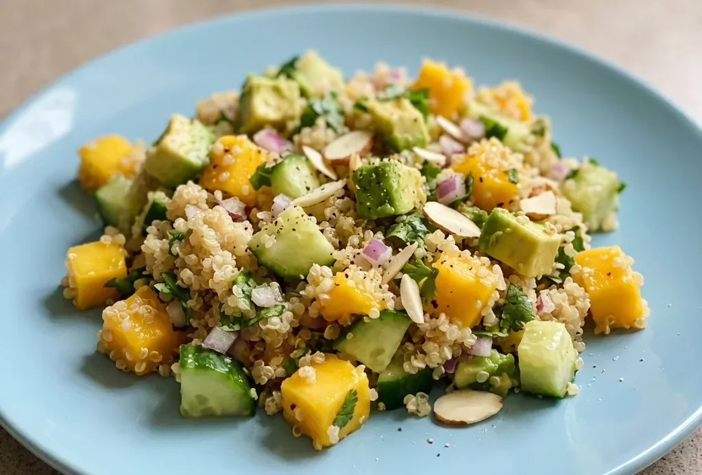 Looking down at a quinoa salad with diced mango, cucumber, avocado, and sliced almonds scattered across the top.