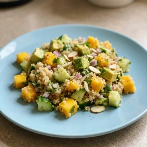 Looking down at a quinoa salad with diced mango, cucumber, avocado, and sliced almonds scattered across the top.