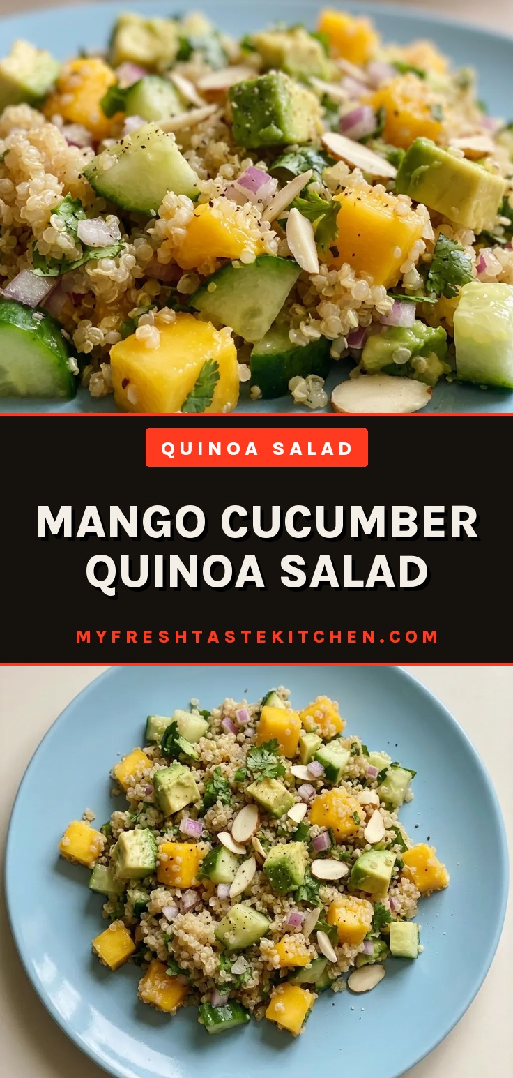 Looking down at a quinoa salad with diced mango, cucumber, avocado, and sliced almonds scattered across the top.