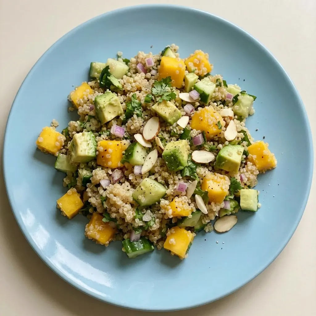 A plate of quinoa salad topped with mango chunks, cucumber slices, avocado cubes, and almond slivers.