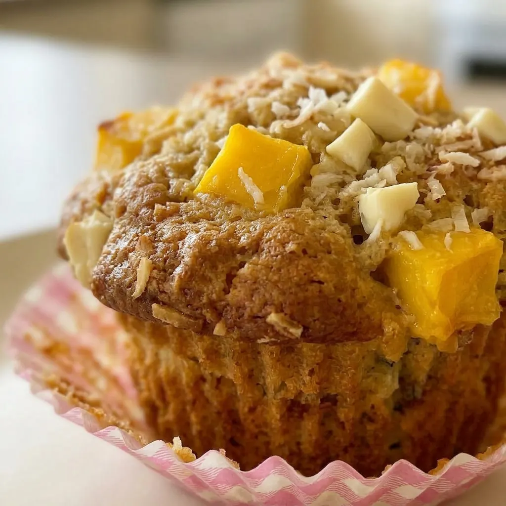 Zoomed in on a muffin showing white chocolate chips, coconut flakes, and mango pieces on the surface.