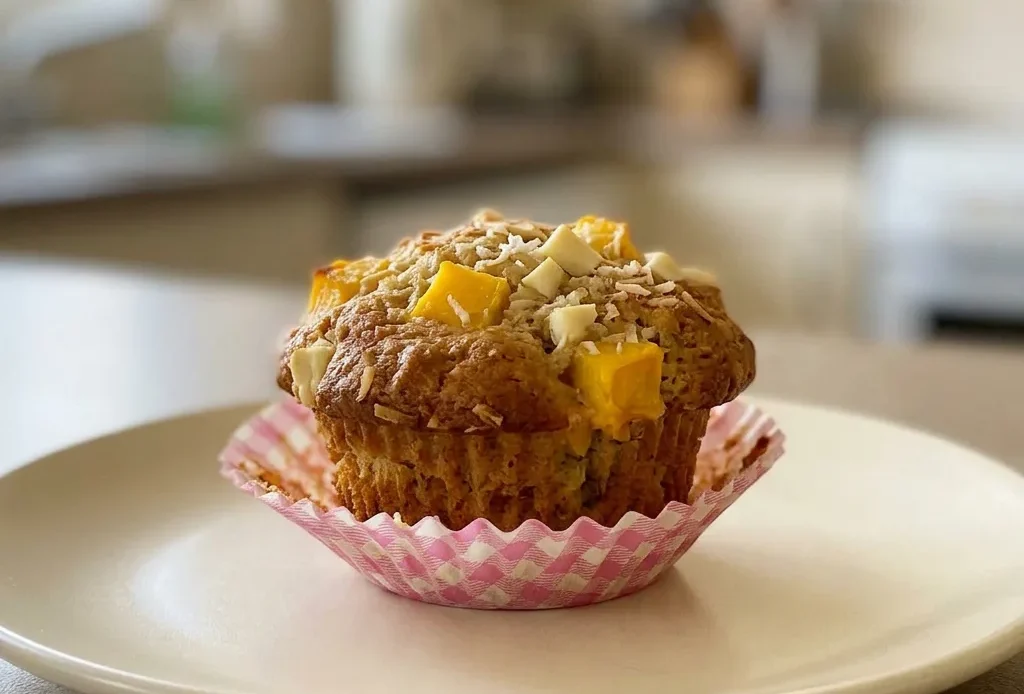 Bird's-eye view of a muffin with mango chunks, banana slices, coconut flakes, and white chocolate chips on top.