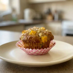 Bird's-eye view of a muffin with mango chunks, banana slices, coconut flakes, and white chocolate chips on top.