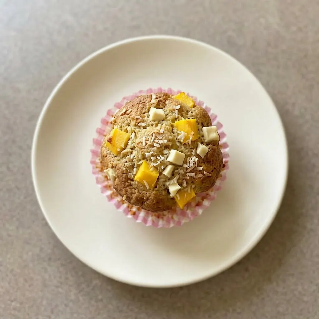 Ready to serve: a muffin topped with visible mango, banana, coconut, and white chocolate.