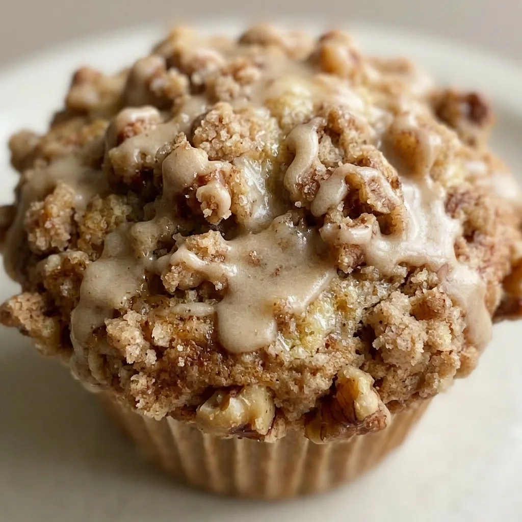 Zoomed in on a maple walnut muffin showing a cracked, brown sugar crust and a generous walnut topping.