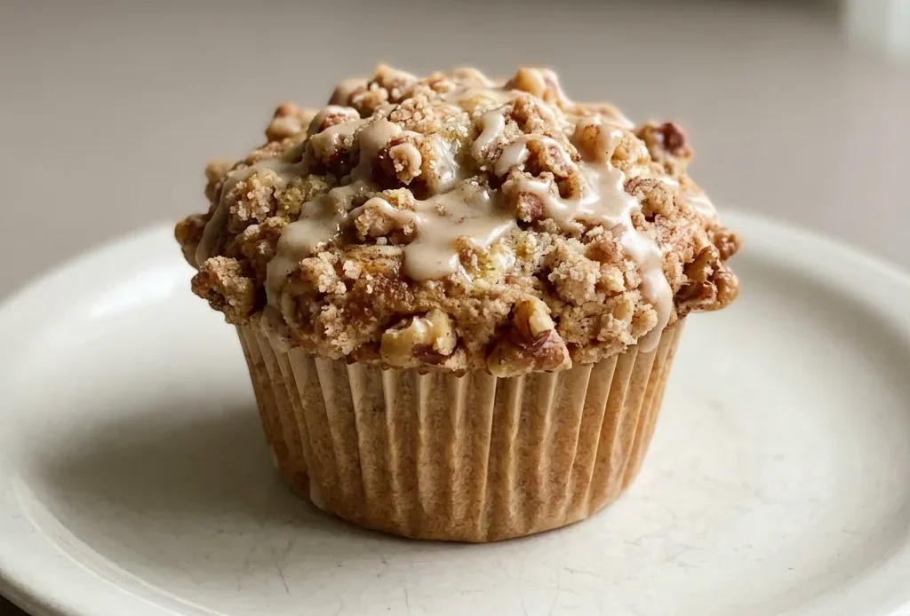 Bird's-eye view of a maple walnut muffin with a glossy top, scattered walnut pieces, and visible cinnamon specks.