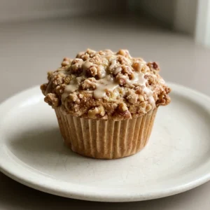 Bird's-eye view of a maple walnut muffin with a glossy top, scattered walnut pieces, and visible cinnamon specks.