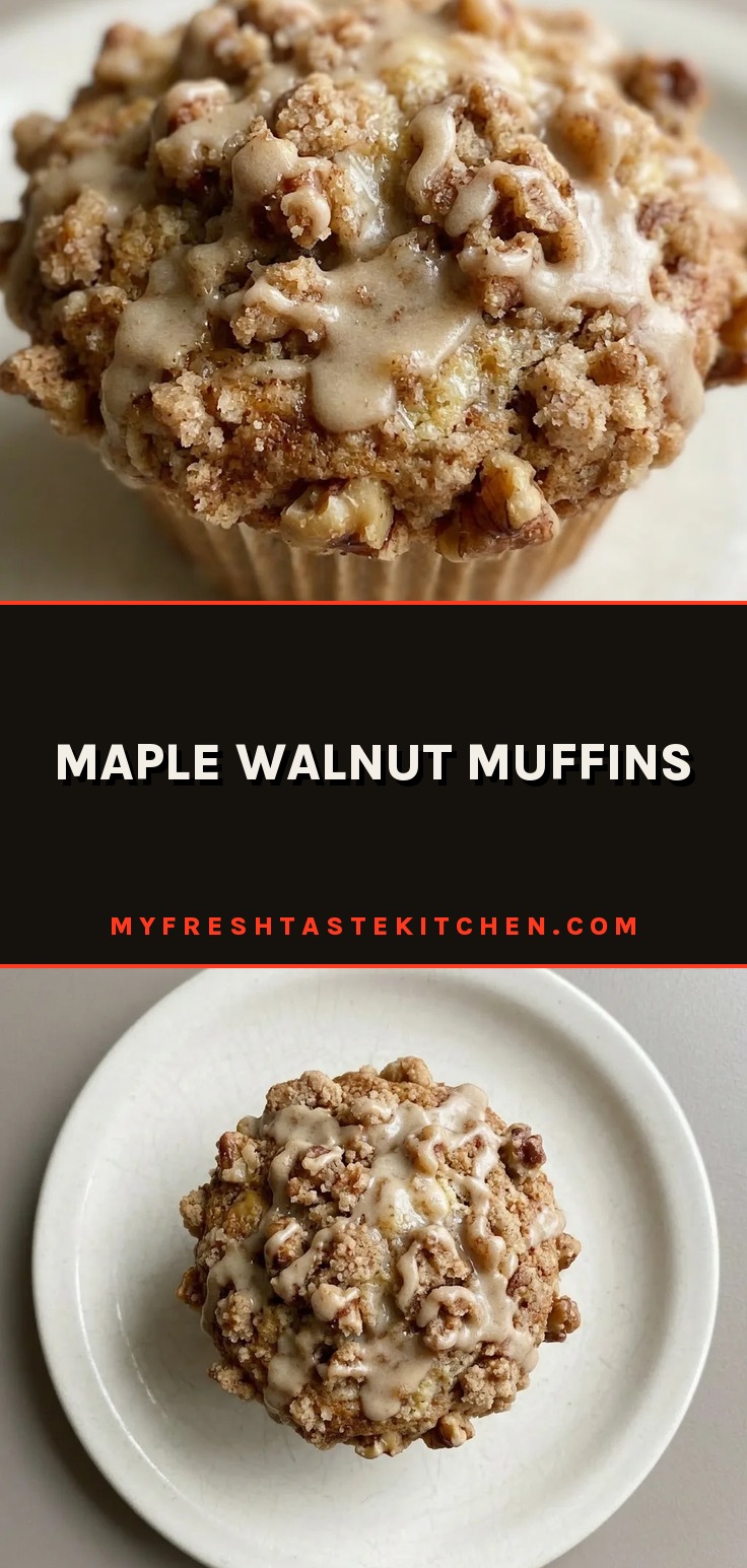 Bird's-eye view of a maple walnut muffin with a glossy top, scattered walnut pieces, and visible cinnamon specks.