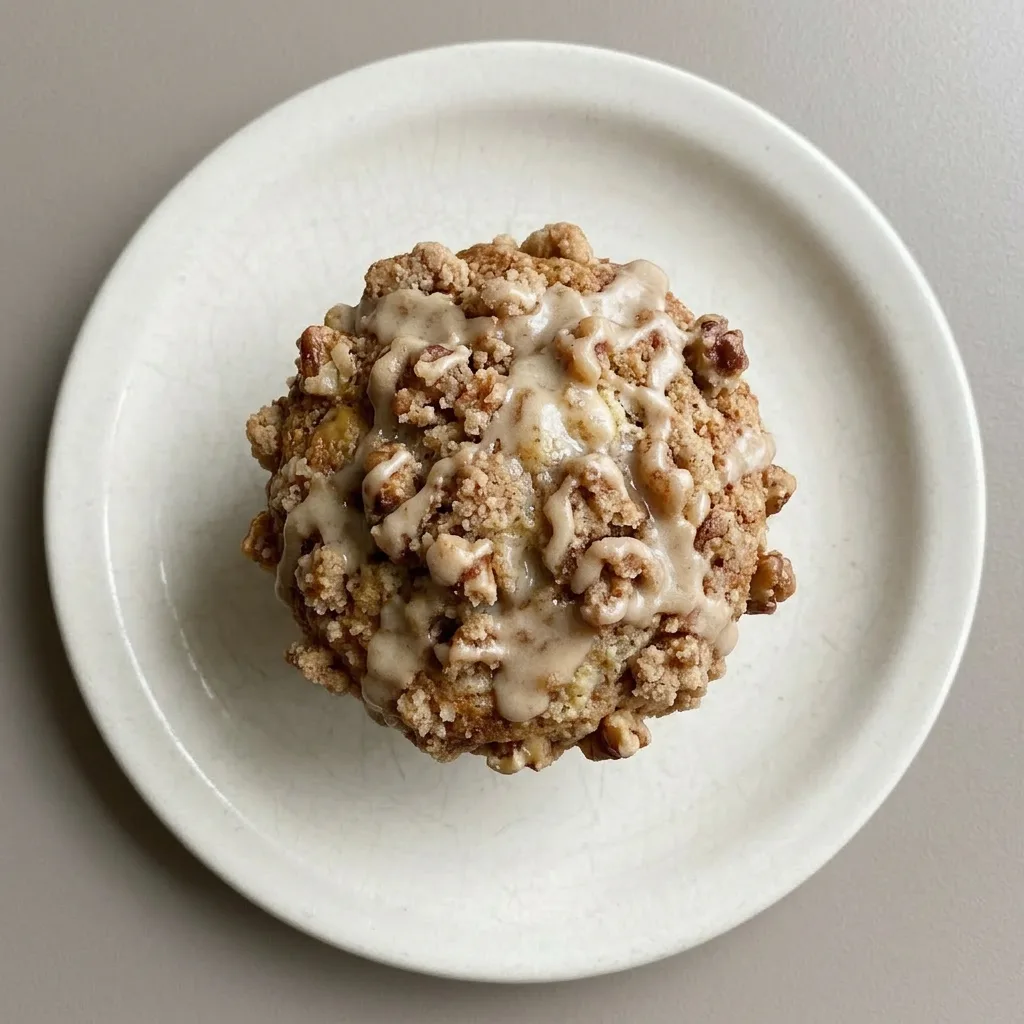Ready to serve: a single maple walnut muffin with a domed top, studded with walnuts and drizzled with syrup.