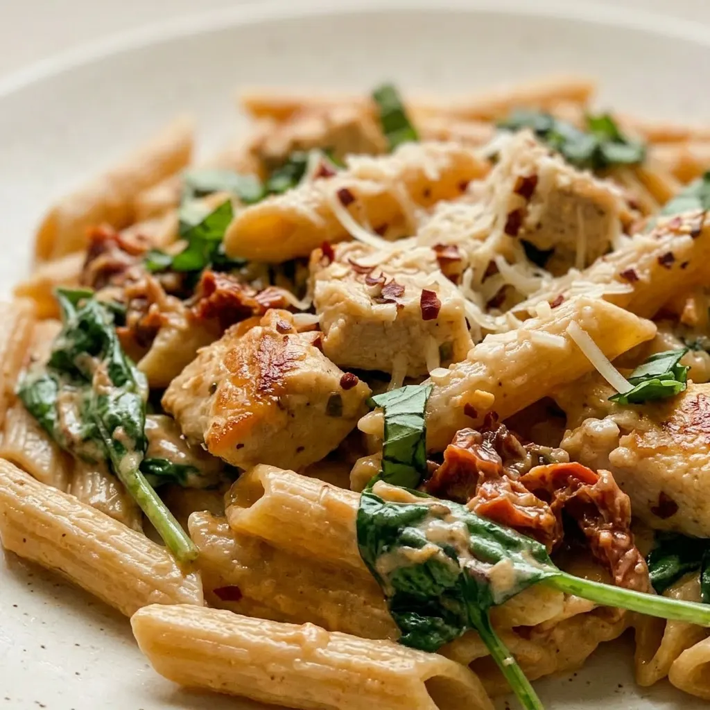 Close view of chicken breast pieces and chickpea pasta in a creamy sauce, garnished with Parmesan.
