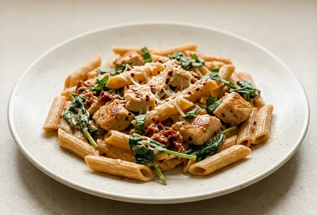 Overhead shot of creamy chicken pasta with sun-dried tomatoes and spinach, topped with Parmesan.